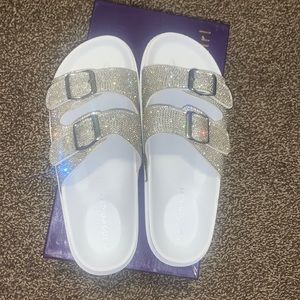 Madden Girl white bling slides